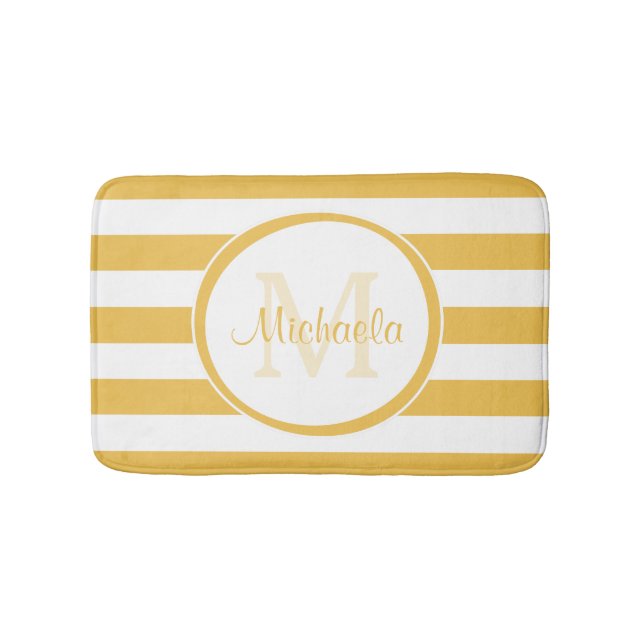 Girly Solid Yellow Stripes With Monogrammed Name Bath Mat (Front)