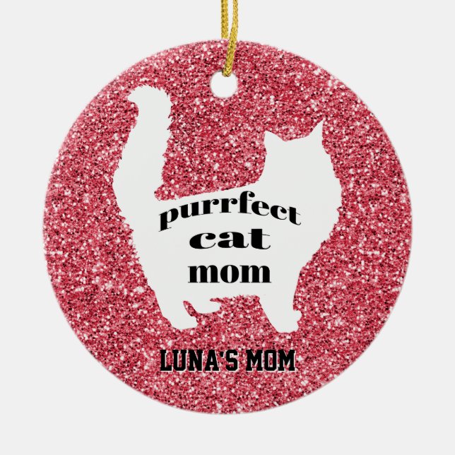 Girly Sparkle Pink Modern Cat Mum Ceramic Ornament (Front)