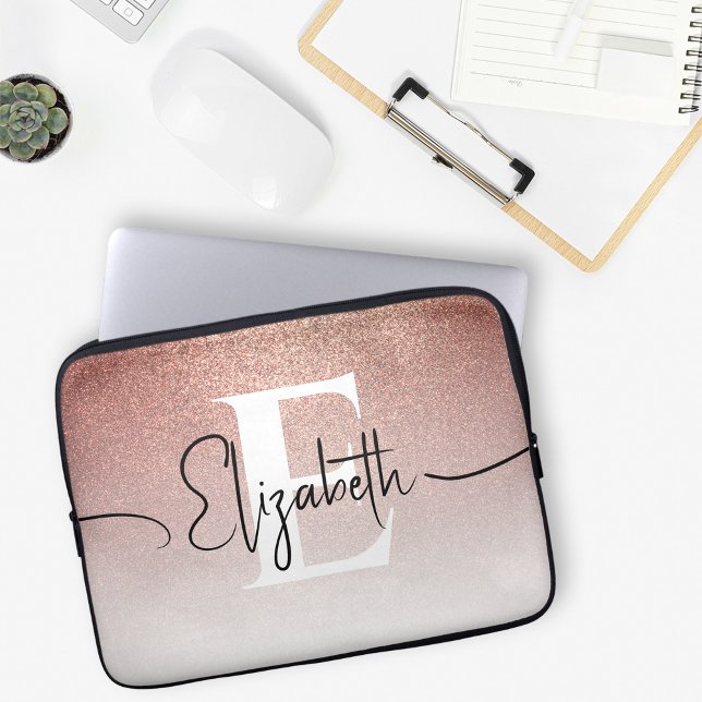 Girly Sparkle Rose Gold Glitter White Monogrammed Laptop Sleeve (Creator Uploaded)