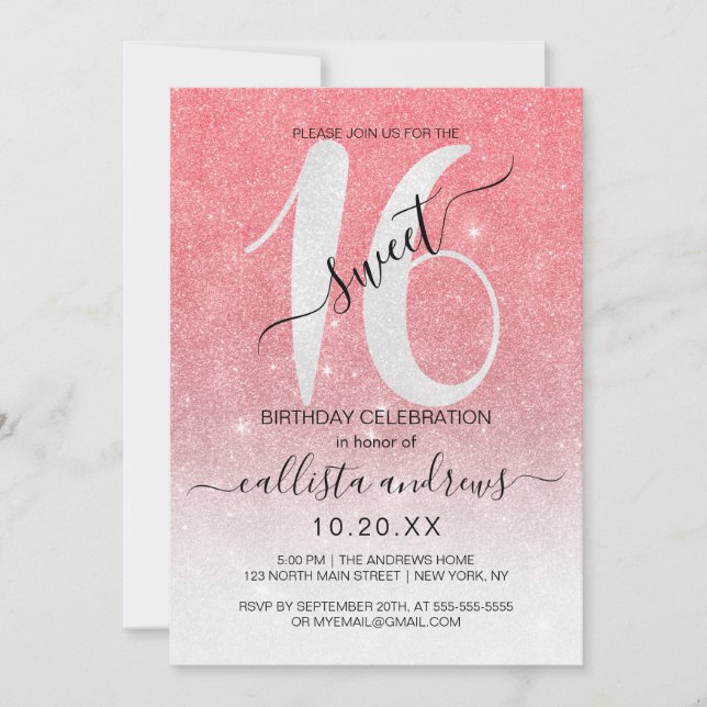 Girly Sparkly Coral White Glitter Ombre Sweet 16 Invitation (Front)