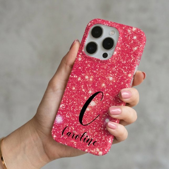 Girly Sparkly Glitter Hot Pink Glam Monogram Name Case-Mate iPhone Case (Creator Uploaded)