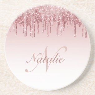 girly sparkly pink and rose gold glitter drip coaster