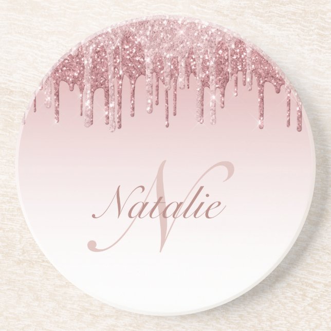 girly sparkly pink and rose gold glitter drip coaster (Front)