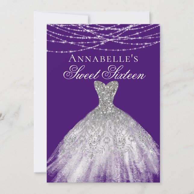 Girly Sparkly Purple with Diamond Dress Sweet 16 Invitation (Front)