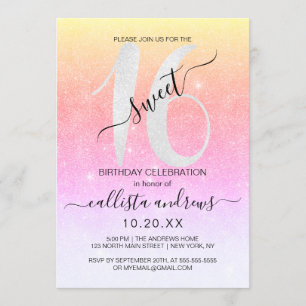 Girly Sparkly Rainbow Glitter Ombre Sweet 16 Invitation