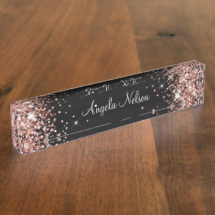 Girly Sparkly Rose Gold Glitter Black Nameplate