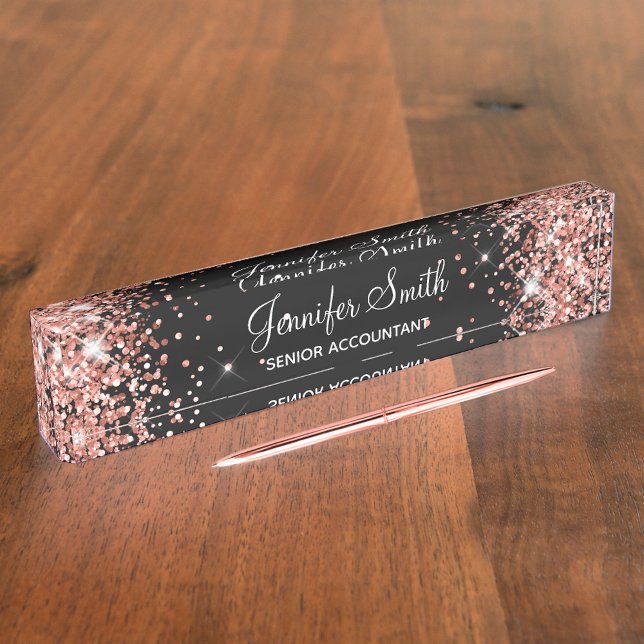 Girly Sparkly Rose Gold Glitter Black Nameplate (Creator Uploaded)