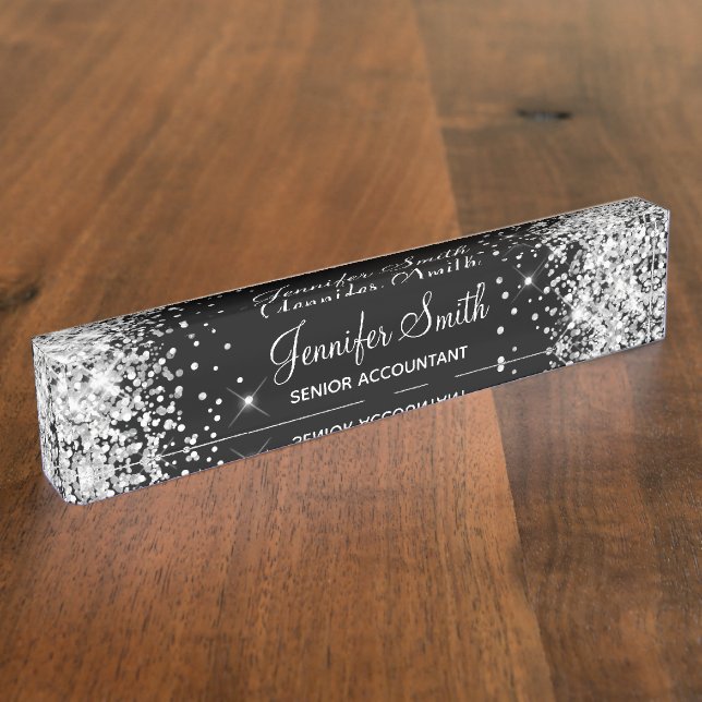 Girly Sparkly Silver Glitter Black Nameplate (Side)