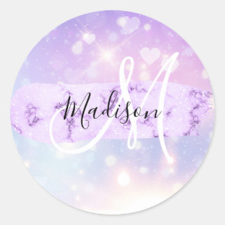 Girly Sparkly Unicorn Rainbow Hearts Monogram Classic Round Sticker