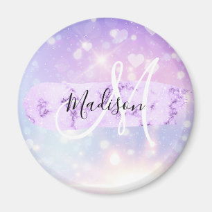 Girly Sparkly Unicorn Rainbow Hearts Monogram Magnet