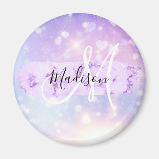 Girly Sparkly Unicorn Rainbow Hearts Monogram Magnet