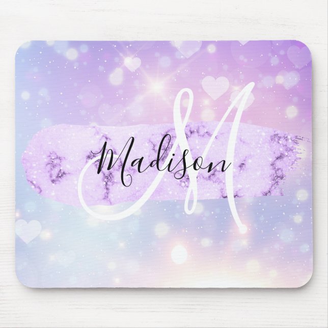 Girly Sparkly Unicorn Rainbow Hearts Monogram Mouse Pad (Front)