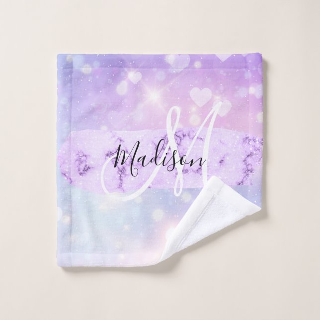 Girly Sparkly Unicorn Rainbow Hearts Monogram Wash Cloth (Wash Cloth)