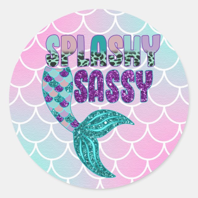 Girly Splashy Sassy Pink Purple Green Mermaid Tail Classic Round Sticker (Front)