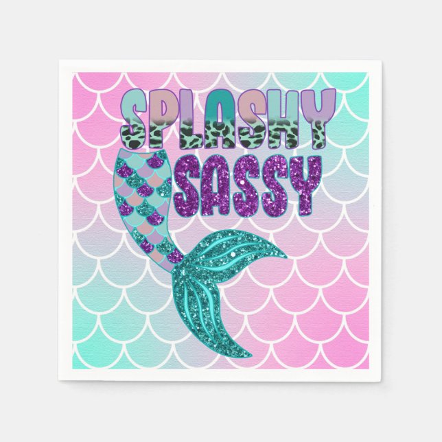 Girly Splashy Sassy Pink Purple Green Mermaid Tail Napkin (Front)