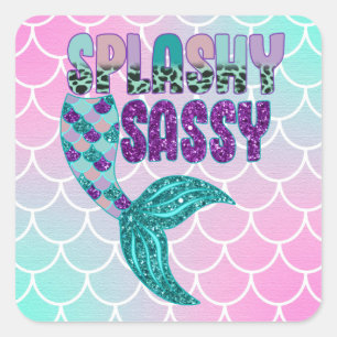 Girly Splashy Sassy Pink Purple Green Mermaid Tail Square Sticker