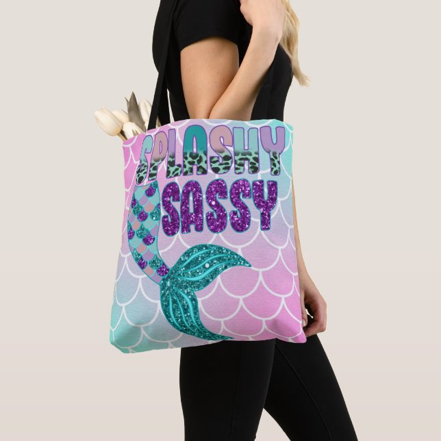 Girly Splashy Sassy Pink Purple Green Mermaid Tail Tote Bag (Close Up)