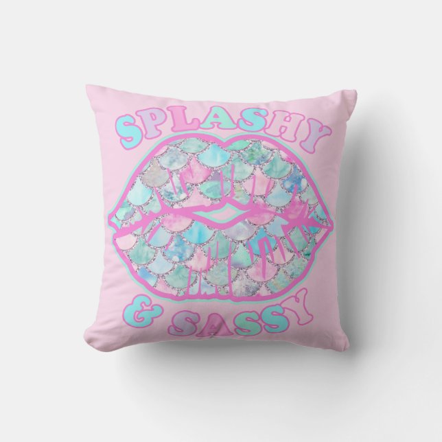 Girly Splashy & Sassy Pink Turquoise Mermaid Kiss Cushion (Front)