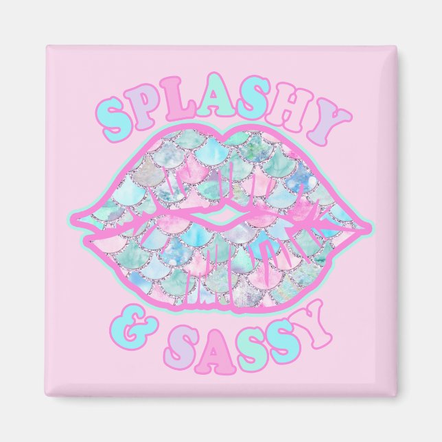 Girly Splashy & Sassy Pink Turquoise Mermaid Kiss Magnet (Front)