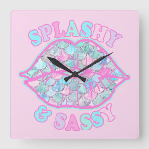 Girly Splashy & Sassy Pink Turquoise Mermaid Kiss Square Wall Clock