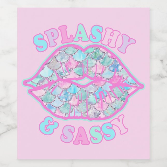 Girly Splashy & Sassy Pink Turquoise Mermaid Kiss Wine Label (Single Label)