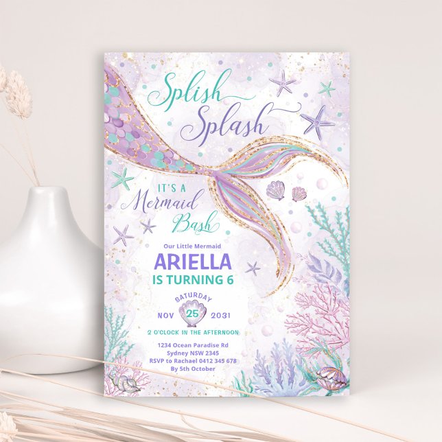 Girly Splish Splash Mermaid Birthday Bash Party Invitation (Creator Uploaded)