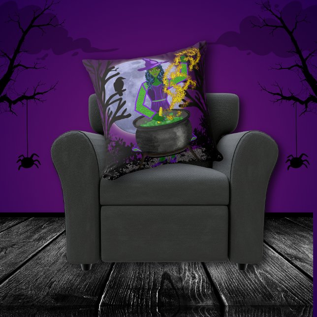 Girly Spooky Green Witch Cauldron Magic Blue Moon  Cushion (Creator Uploaded)
