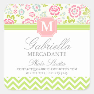 Girly Spring Floral Chevron Personalised Monogram Square Sticker