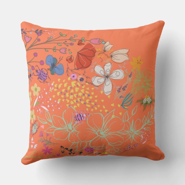 Girly Spring Floral Faded Orange  Cushion (Back)