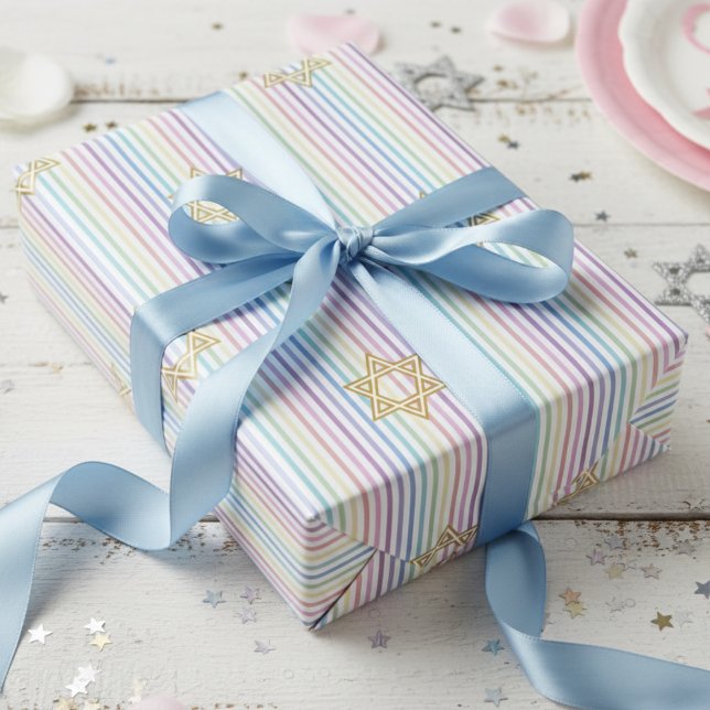Girly Star of David Rainbow Stripes Wrapping Paper (Girly Jewish Wrapping Paper for Her. Elegant Minimalist Rainbow Stripes Pattern to say Mazel Tov )