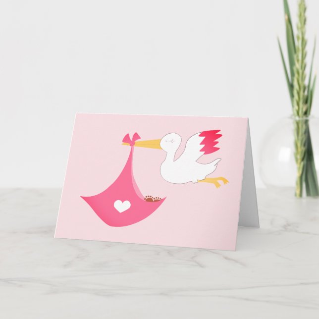 Girly Stork With A Baby Girl Bundle Of Joy Pink Card (Front)