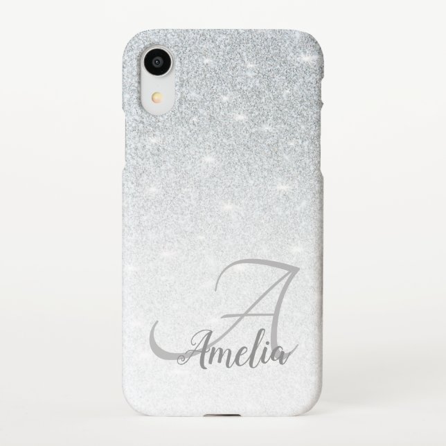 Girly Stylish Crystal Silver Glitter Sparkles Name iPhone Case (Back)