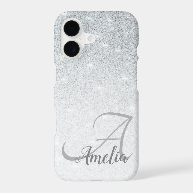 Girly Stylish Crystal Silver Glitter Sparkles Name iPhone Case (Back)