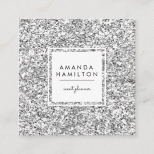 Girly Stylish Fashion SILVER Glitter white square Business Card
