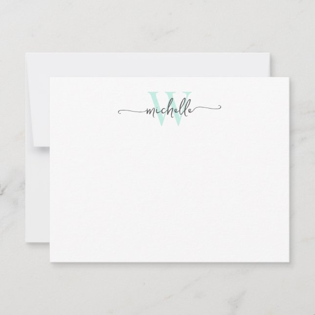 Girly Stylish Grey Aqua Monogram Name Script Card (Front)