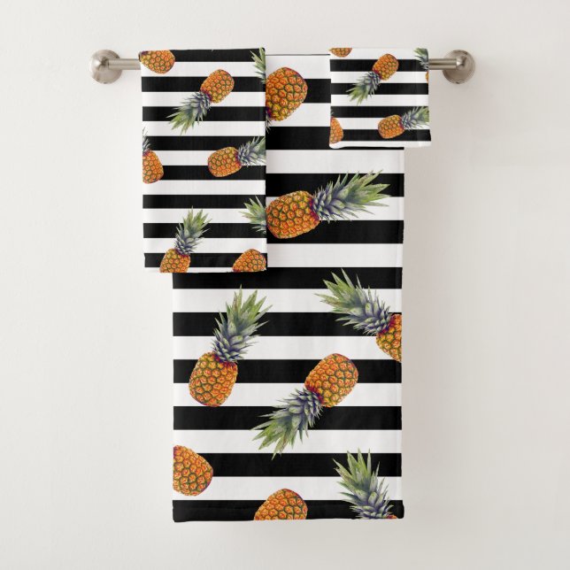 Girly Summer Pineapple Pattern | Black Striped Bath Towel Set (Insitu)