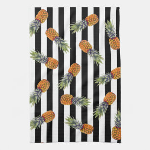 Girly Summer Pineapple Pattern Black Striped Tea Towel