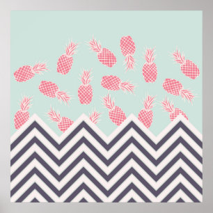 Girly Summer Pink Pineapple Fruit Chevron Pattern Poster
