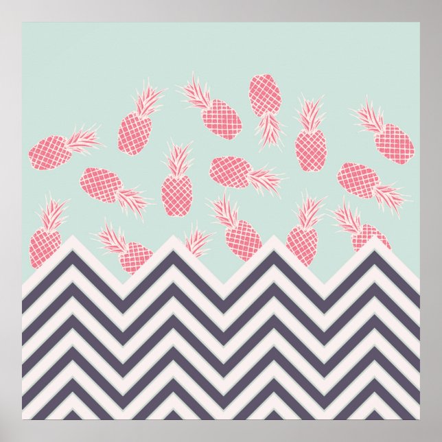 Girly Summer Pink Pineapple Fruit Chevron Pattern Poster (Front)