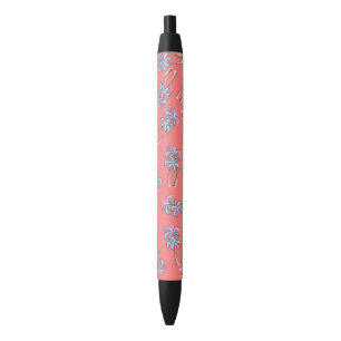 Girly Summer Tropical Palm Trees Pattern on Coral Black Ink Pen
