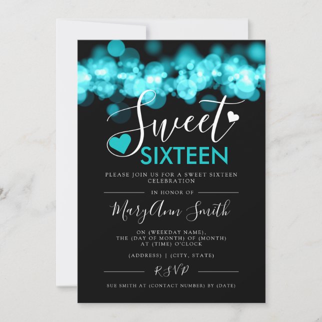 Girly Sweet 16 Birthday Party Teal Lights Invitation (Front)
