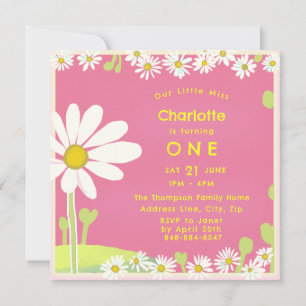 Girly Sweet Daisies Bubblegum Pink Yellow Birthday Invitation