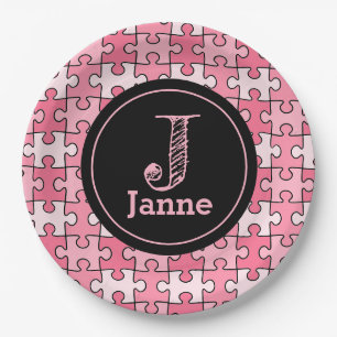 Girly Sweet Pink Black Puzzle Pieces Paper Plate
