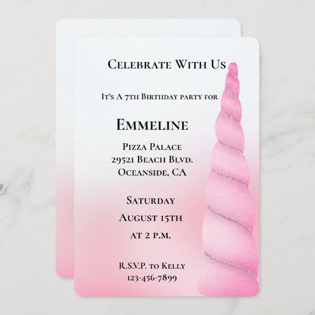 Girly Sweet Pink White Unicorn Birthday Invitation (Front/Back)