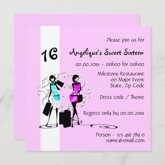 Girly sweet sixteen fashion models | Paris chic Invitation (Front/Back)