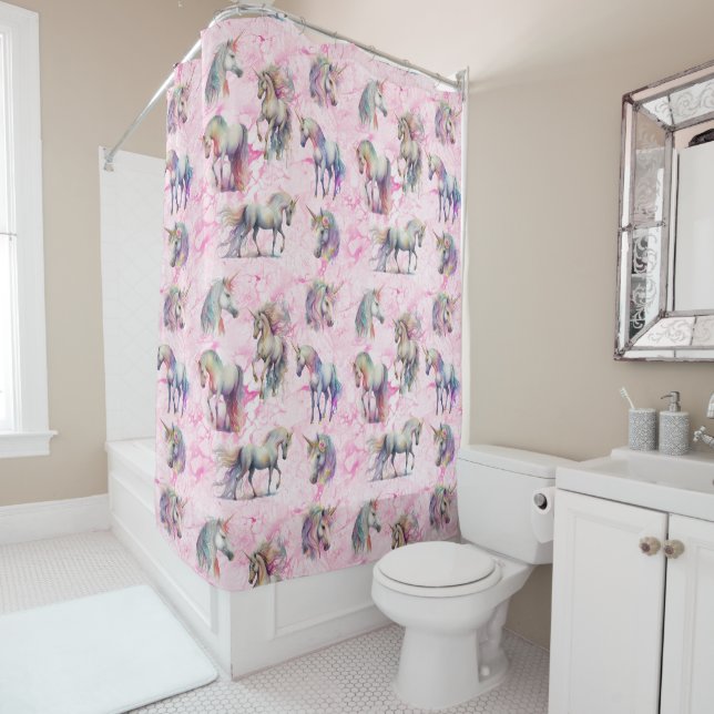 Girly Swirly Pink Unicorn  Shower Curtain (In Situ)