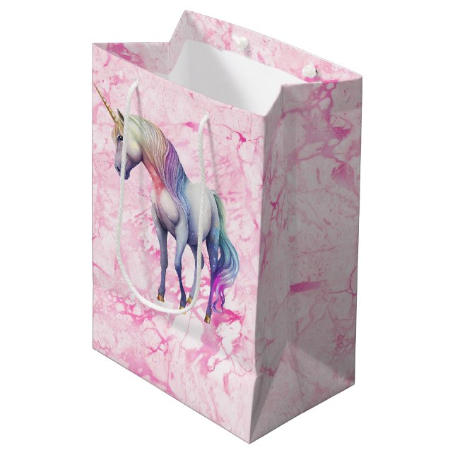 Girly Swirly Pink Unicorns Medium Gift Bag (Front Angled)