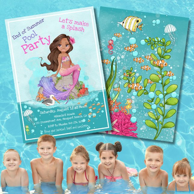 Girly Tan Brown Hair Pink Mermaid Pool Party Invitation (Creator Uploaded)