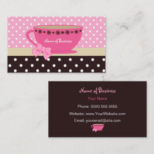 Girly Tea Shop Pink And Brown Polka Dots Teacup Business Card