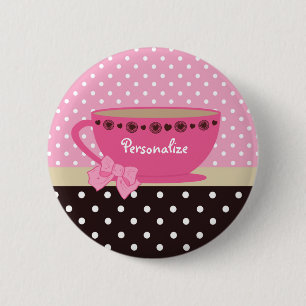 Girly Teacup Pink and Brown Polka Dot Bow and Name 6 Cm Round Badge